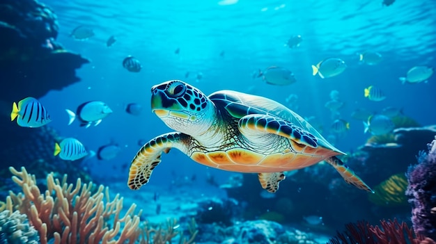 Tortue dans la mer vue sous-marine