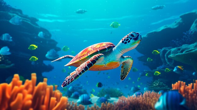 Tortue dans la mer vue sous-marine