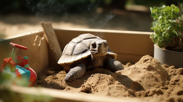 Photo une tortue dans une petite boîte à sable comme si elle jouait au papier peint