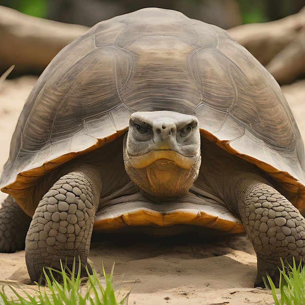 une tortue est allongée sur le sol dans l'herbe