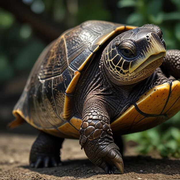 Photo une tortue est assise dans la saleté et regarde la caméra