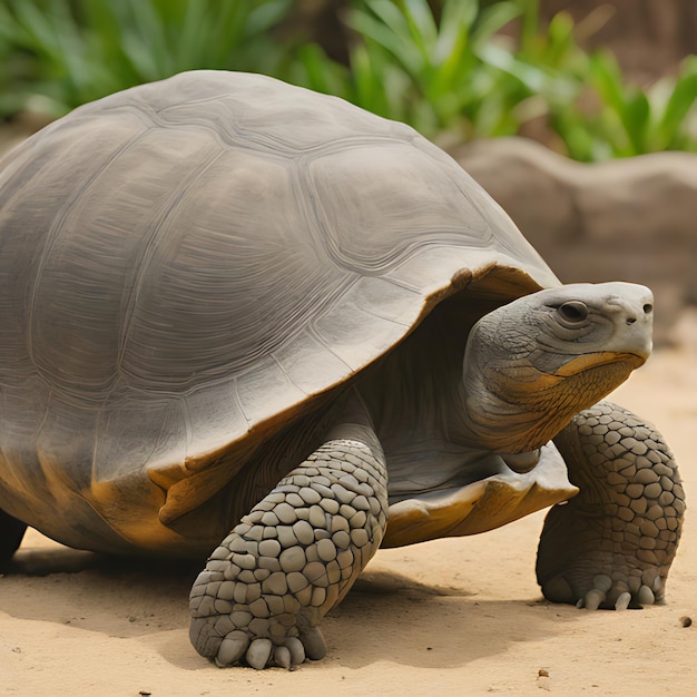 une tortue est assise dans la saleté et regarde la caméra