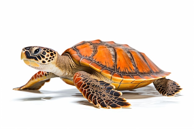 une tortue est assise sur une surface blanche