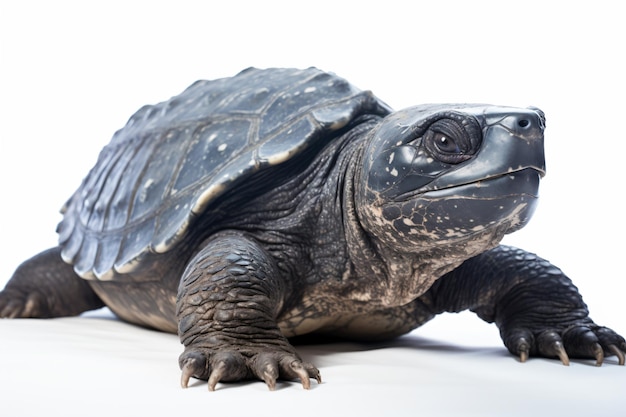 une tortue est assise sur une surface blanche