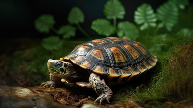 Une tortue est assise sur une surface moussue devant un fond vert.