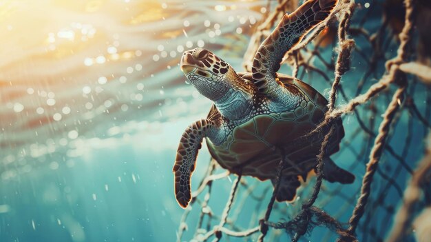 Photo la tortue a été prise dans un filet de pêche.