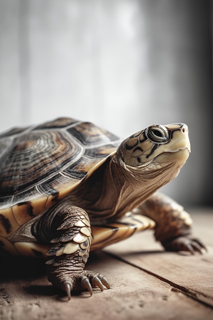 Tortue sur fond en bois blanc ai