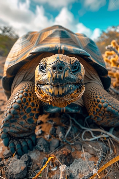 Une tortue des Galapagos se déplace tranquillement à travers le paysage aride de ses îles homonymes
