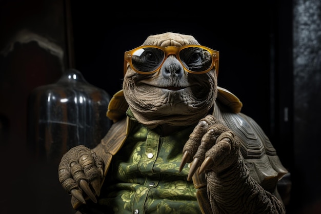 tortue géante des GalapagosPrenez des lunettes de soleil sur fond sombre