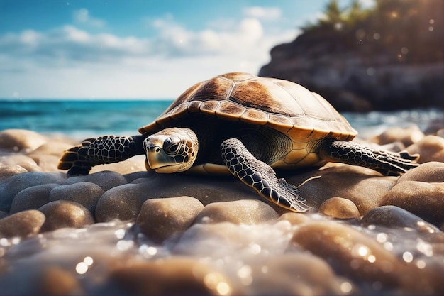 Photo tortue grande et belle tortue de mer focus sélectif généré par l'ia