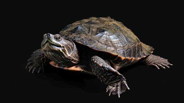 La tortue à griffes malaise sur un fond noir massif