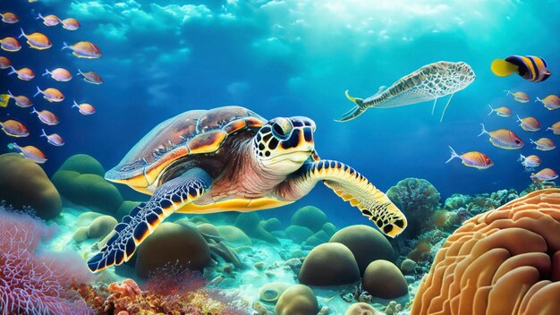 Tortue avec un groupe de poissons colorés et d'animaux marins avec des coraux colorés sous l'eau dans l'océan