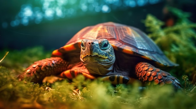 Tortue sur l'herbe Belle tortue aux yeux orange