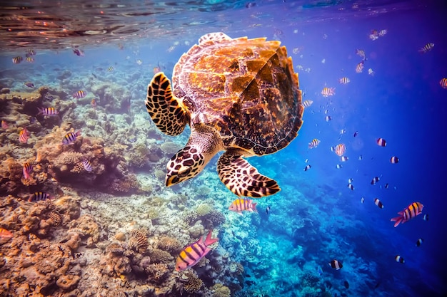 Photo tortue imbriquée - eretmochelys imbricata flotte sous l'eau. maldives - récif corallien de l'océan. attention - prise de vue authentique sous l'eau dans des conditions difficiles. un peu de grain et peut-être flou.