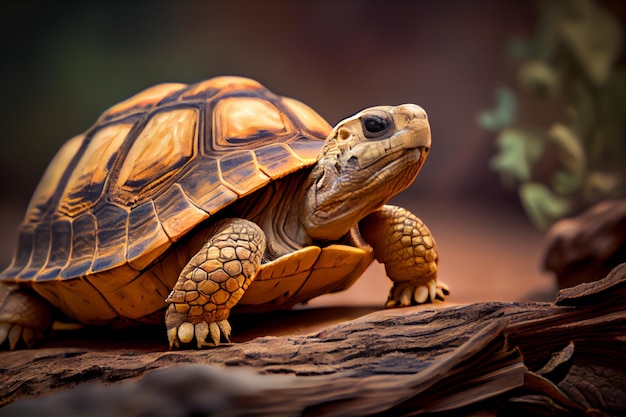 Une tortue sur un journal avec un arrière-plan flou