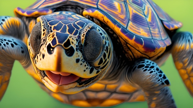 Une tortue avec une langue rouge est sur un fond vert.