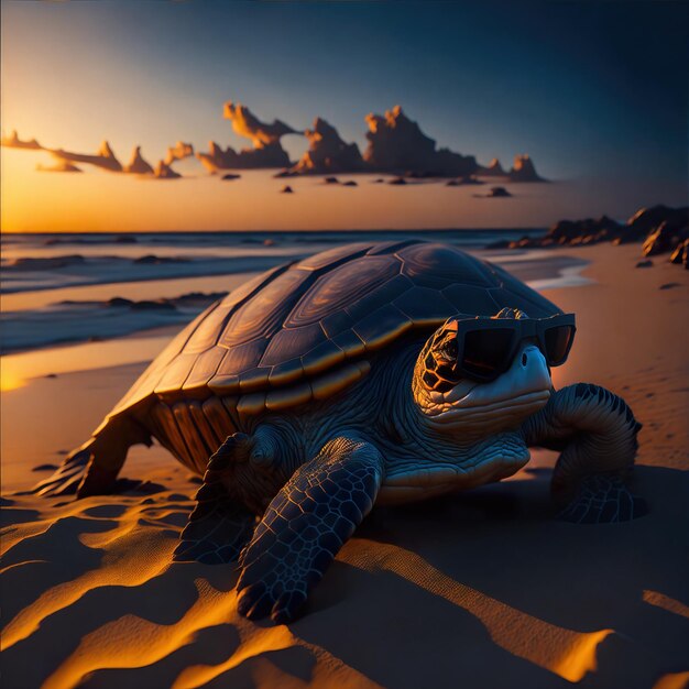 Tortue avec des lunettes de soleil sur une plage de sable