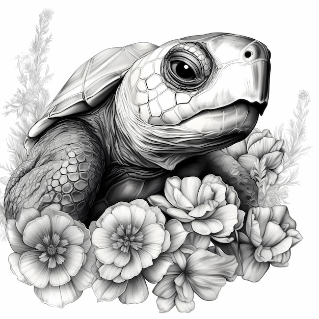 Tortue majestueuse dessin noir et gris réaliste avec des fleurs délicates