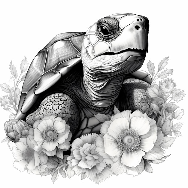 Tortue majestueuse dessin noir et gris réaliste avec des fleurs délicates