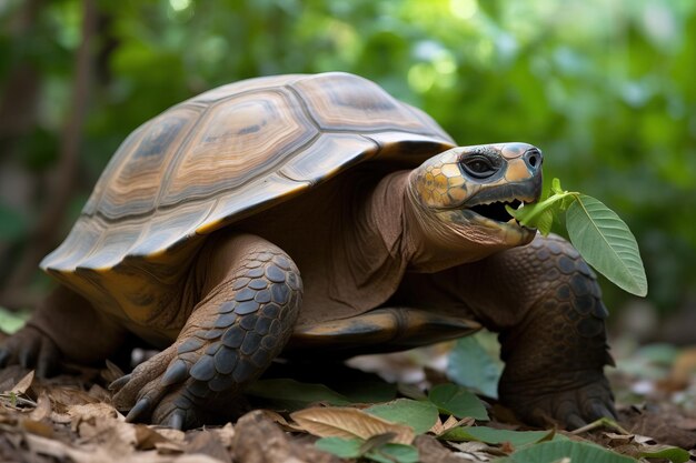 Une tortue mangeant un congé