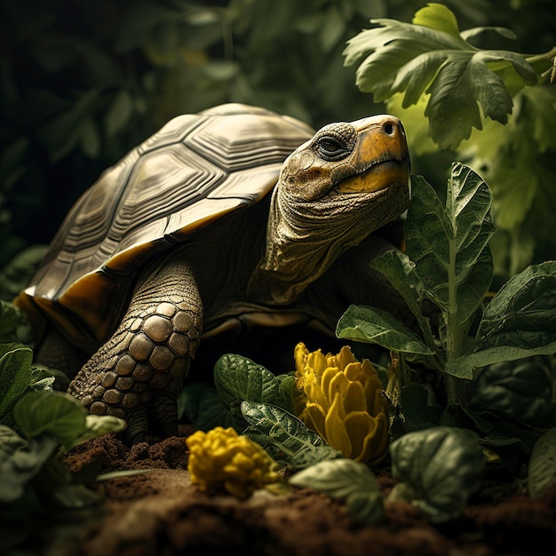 Photo une tortue mangeant des plantes à feuilles vertes dans une jungle