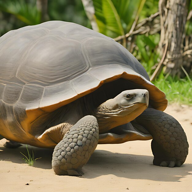 une tortue marche sur le sol dans la forêt