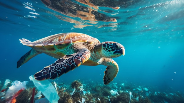 Une tortue marine ingère des particules de plastique dans l'océan.