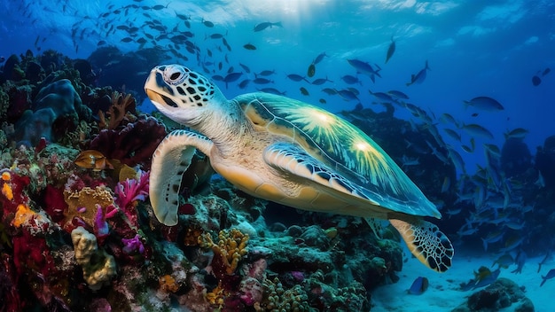 La tortue marine nage le long des récifs coralliens du monde sous-marin de Bali