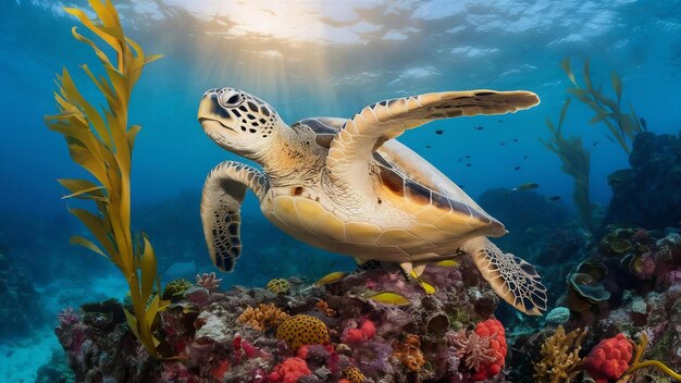 La tortue marine nage le long des récifs coralliens du monde sous-marin de Bali