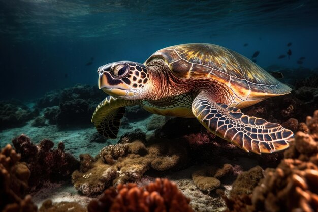 Une tortue marine nageant dans une mer de coraux