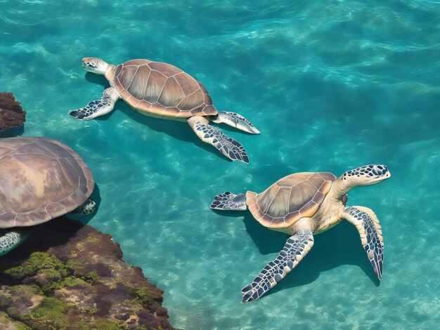 Une tortue marine nageant dans l'océan devant une île tropicale a généré