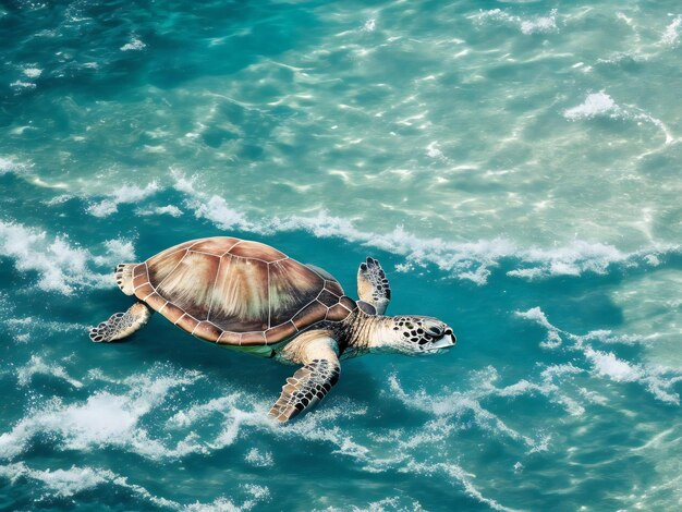 Une tortue marine nageant dans l'océan devant une île tropicale a généré