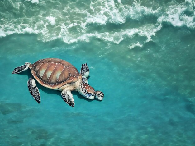 Une tortue marine nageant dans l'océan devant une île tropicale a généré