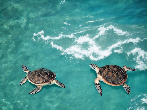 Une tortue marine nageant dans l'océan devant une île tropicale a généré