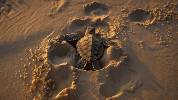 Une tortue marine naissante sur une plage de sable qui se dirige vers la mer au lever du soleil