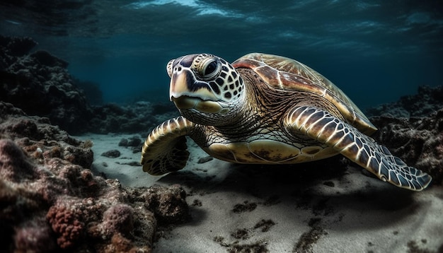 Une tortue marine en voie de disparition nage dans un récif tranquille, mettant en valeur la beauté naturelle générée par l'intelligence artificielle.