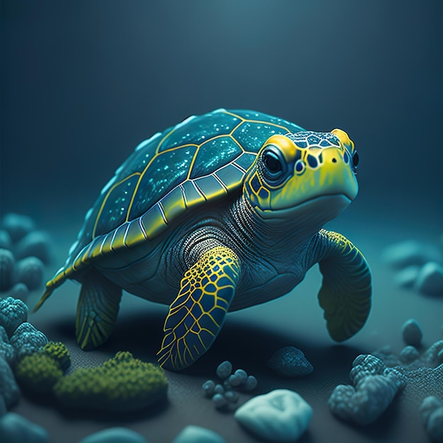 Une tortue avec des marques bleues et jaunes sur le visage est représentée dans cette illustration.