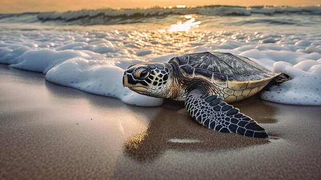 Tortue de mer commune sur la plage oeufs de tortue lever du soleil sur l'océan