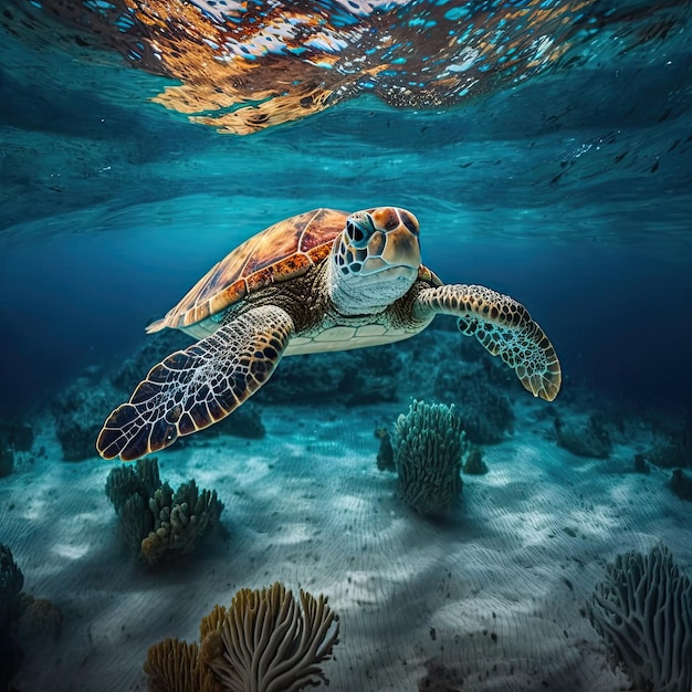 Tortue de mer dans une eau cristalline Incroyable fond marin cristallin Récif plein de vie AI générative