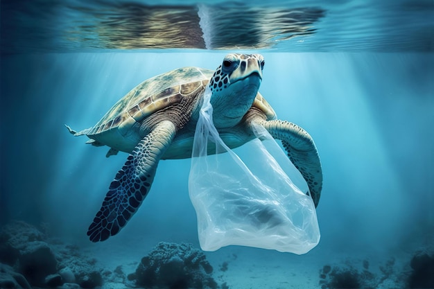 Tortue de mer empêtrée dans un sac en plastique Illustration de l'IA générative