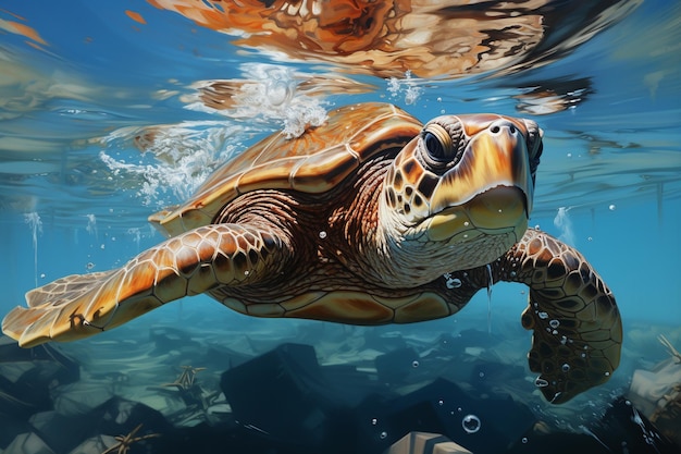 Une tortue de mer erre tranquillement dans le vaste océan AI générative
