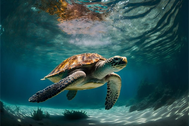 Photo une tortue de mer glisse gracieusement dans l'eau. ia générative.