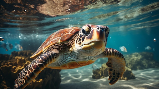 Une tortue de mer glisse gracieusement dans l'eau