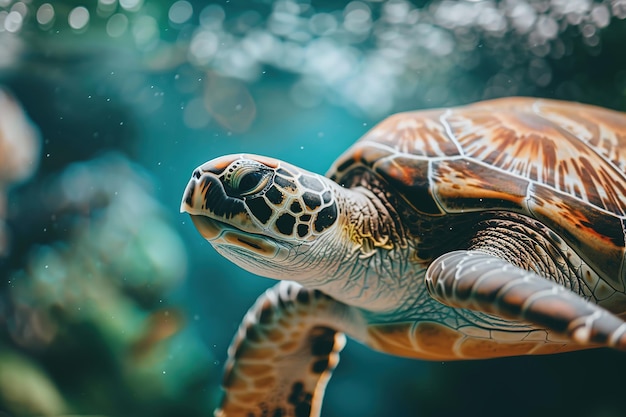 Une tortue de mer glisse gracieusement sous l'eau avec des motifs complexes de coquille