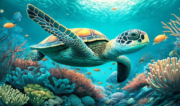 Une tortue de mer glisse sur un récif de corail vibrant dans cette illustration animée