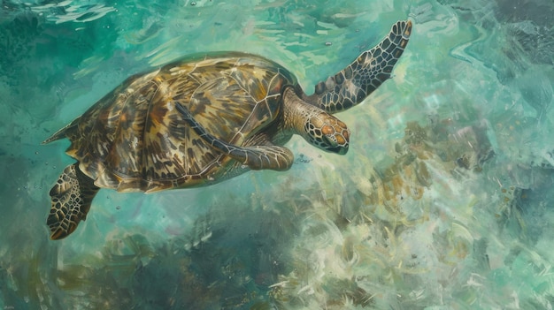 Une tortue de mer gracieuse glissant sans effort à travers les eaux cristallines sa silhouette ancienne incarne la beauté intemporelle de la vie océanique