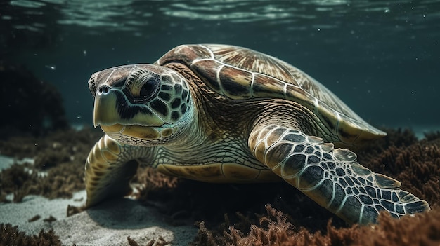 Tortue de mer en gros plan sur un récif de corail généré par l'IA