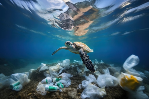 tortue de mer nage dans l'eau sale de l'océan pollué par les ordures ménagères