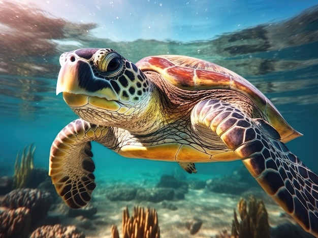 La tortue de mer nage sous l'eau bleue