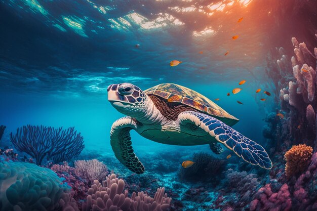 Tortue de mer nageant dans la mer sous-marine Beau corail coloré et sous-marin dans la nature sauvage de l'océan Pacifique Générer Ai